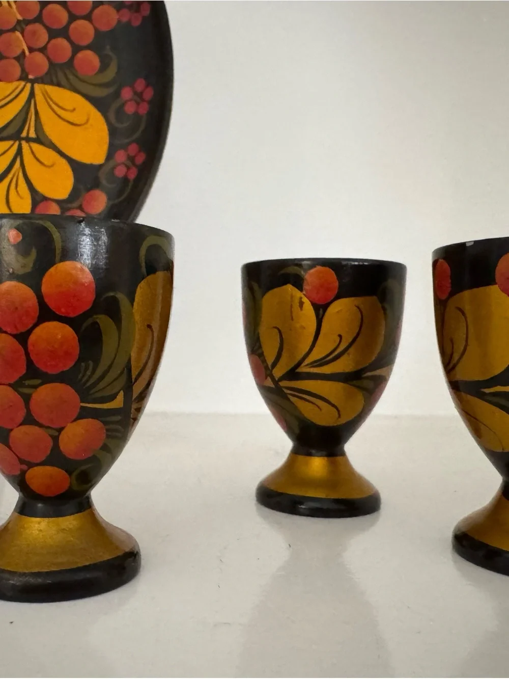 Vintage 7-Piece Russian Khokhloma Lacquerware Set.